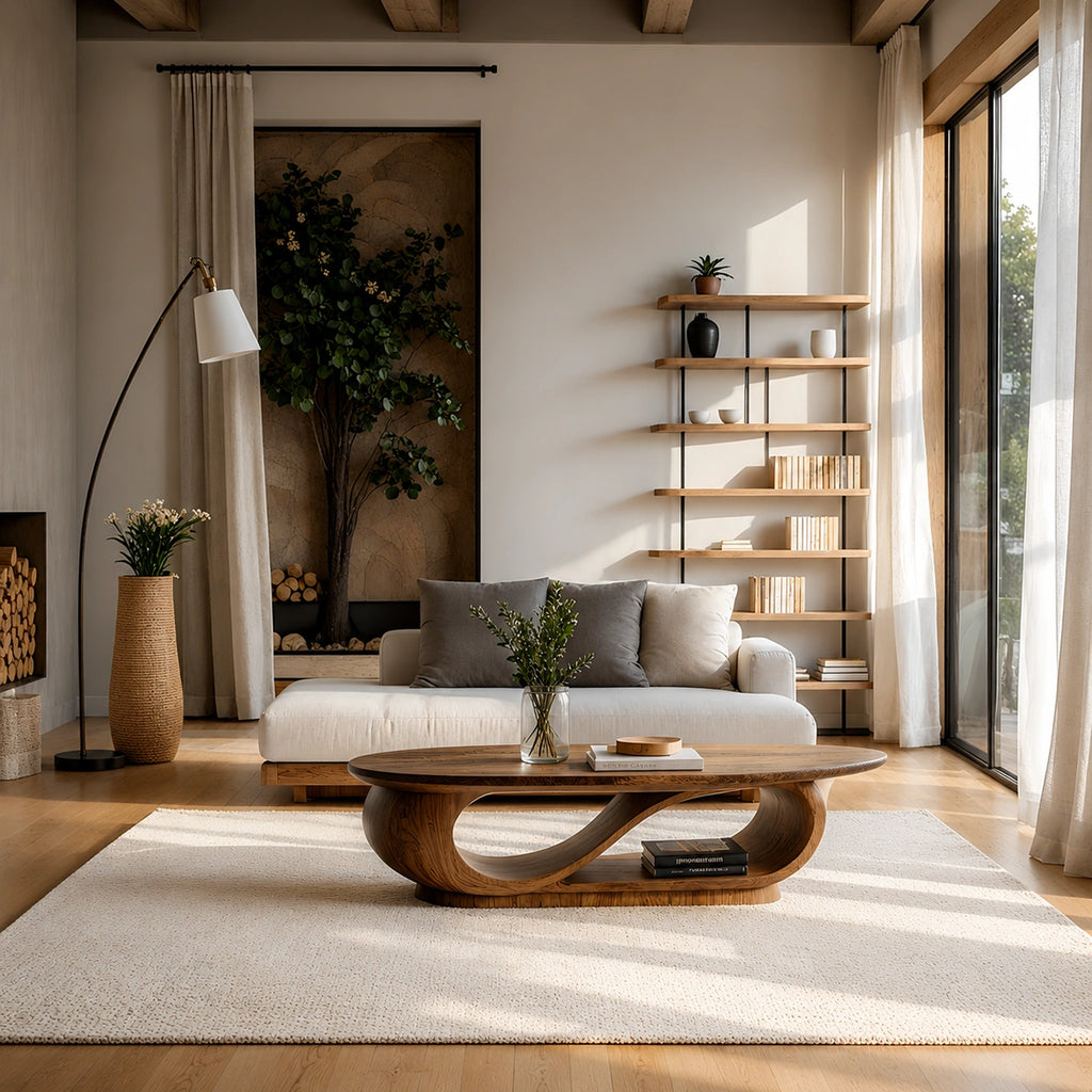 Natural Solid Wood Oval Coffee Table with Sculptural Loop Base and Lower Shelf