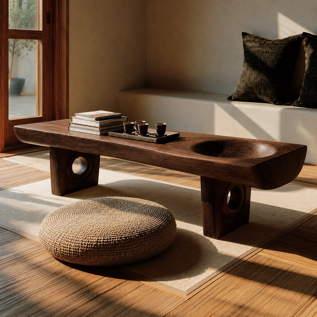 Handcrafted Solid Walnut Coffee Table with Carved Bowl | Sculptural Modern Living Room Table