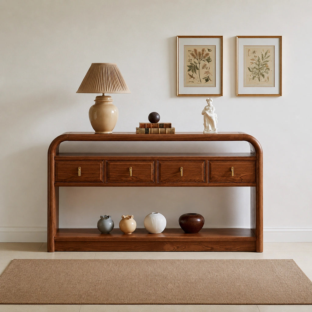 Solid Wood Console Table with Drawers and Open Shelf