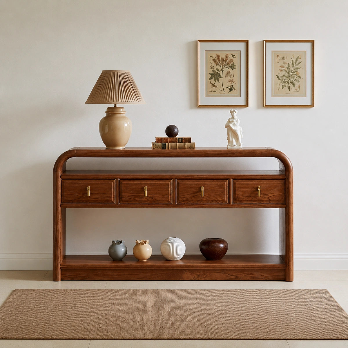 Solid Wood Console Table with Drawers and Open Shelf