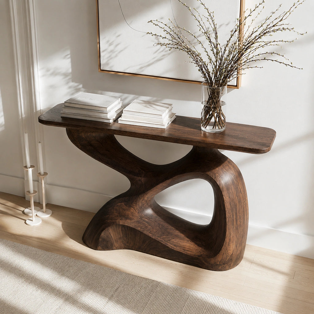 Sculptural Solid Wood Console Table with Organic Open Base