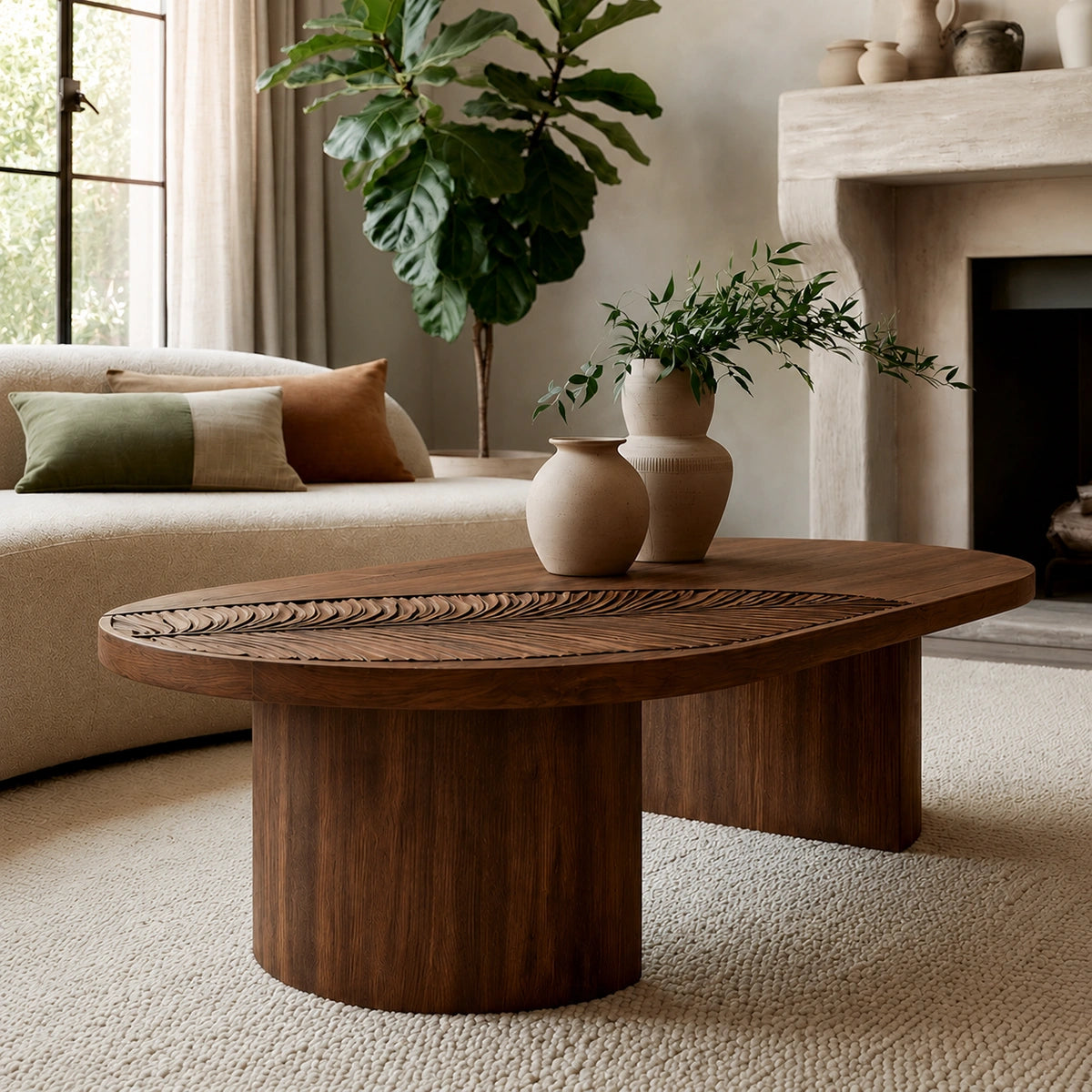 Handcrafted Solid Walnut Oval Coffee Table | Leaf Carved Modern Coffee Table for Living Room