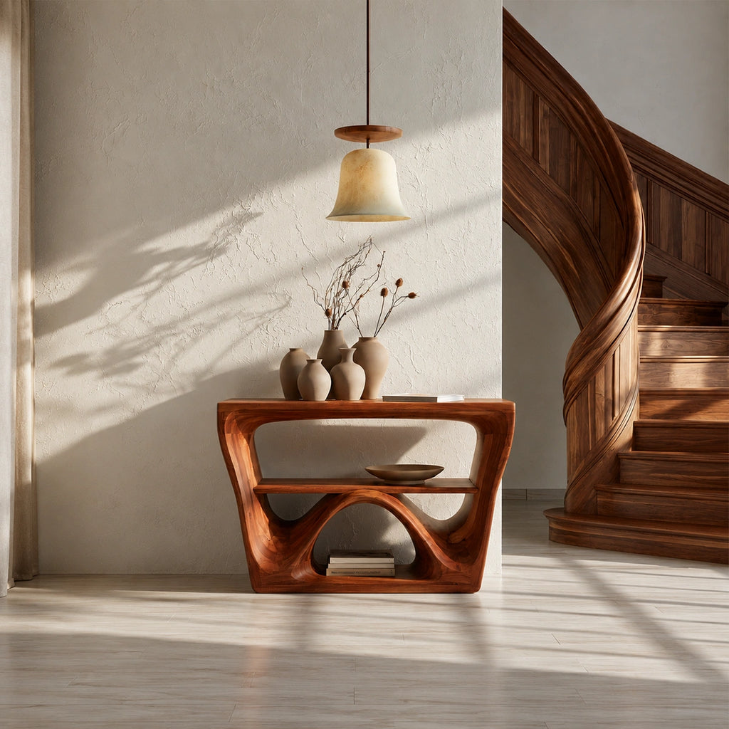 Sculptural Solid Wood Console Table with Open Shelf