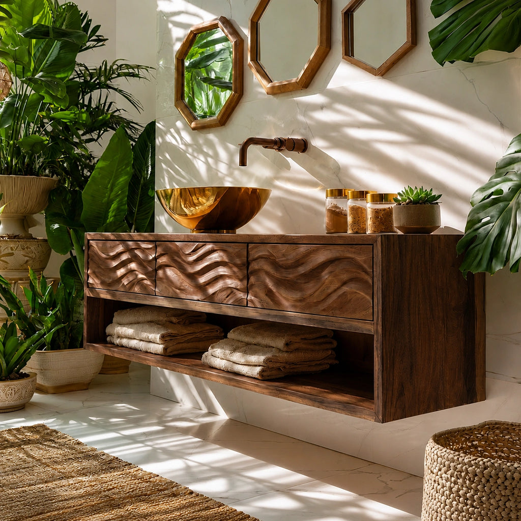 Natural Solid Wood Floating Bathroom Vanity with 3 Drawers and Open Shelf