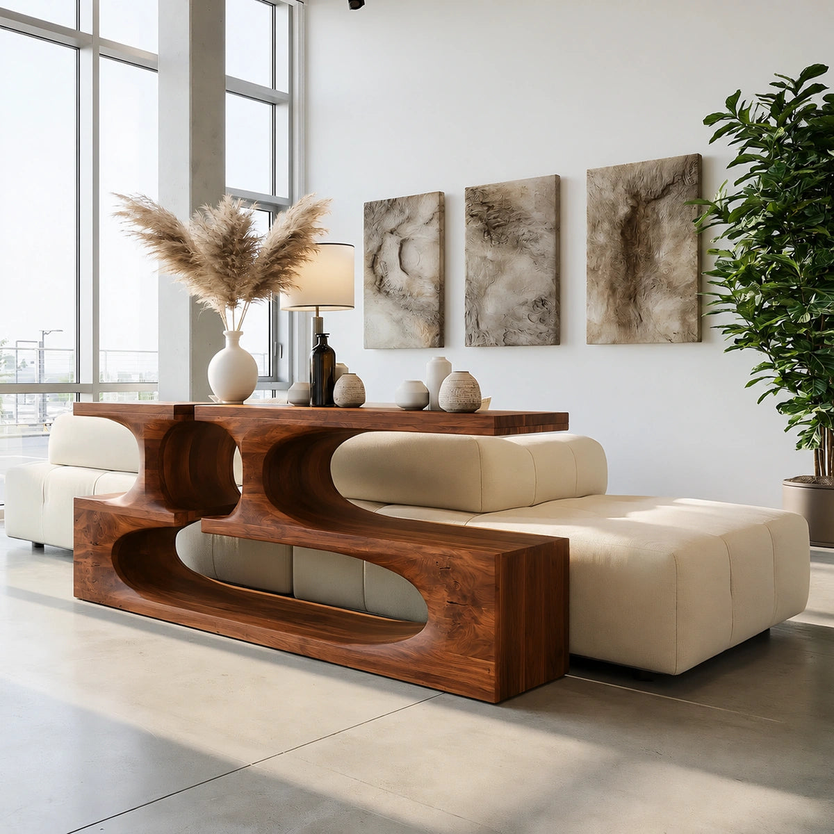 Sculptural Solid Wood Console Table with Open Shelves