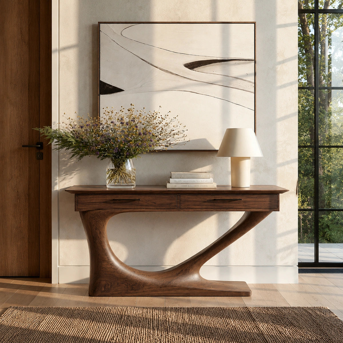 Solid Wood Console Table with Drawers and Sculptural Base