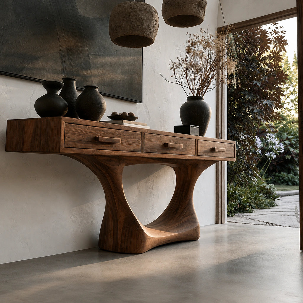 Natural Solid Wood Console Table with Three Drawers and Sculptural Pedestal Base