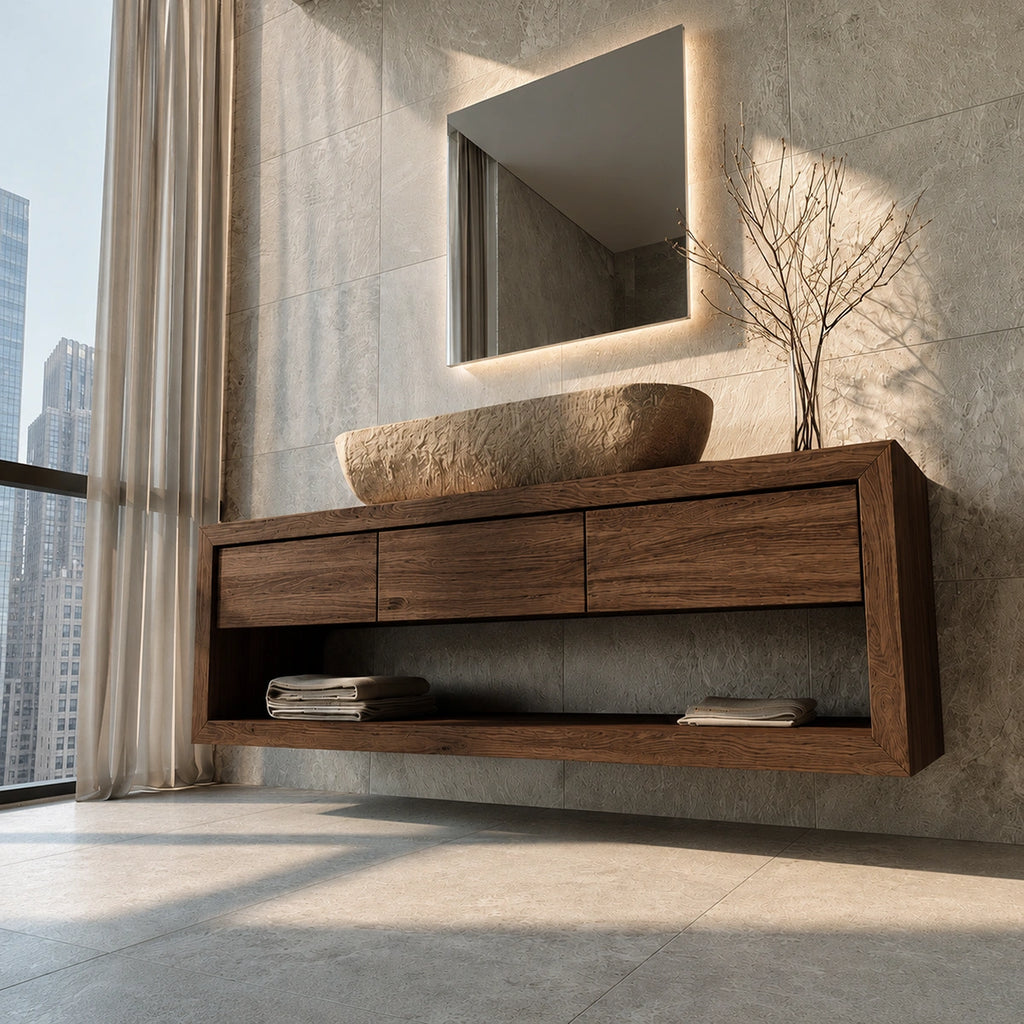 Natural Solid Wood Floating Bathroom Vanity with 3 Drawers and Open Shelf