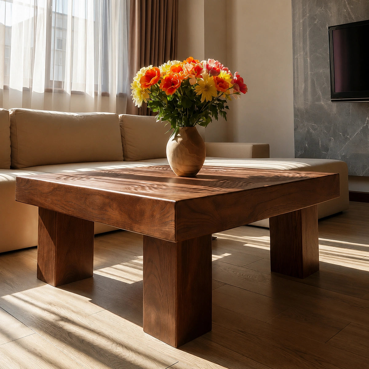 Handcrafted Solid Walnut Square Coffee Table | Sculpted Wood Grain Modern Living Room Table