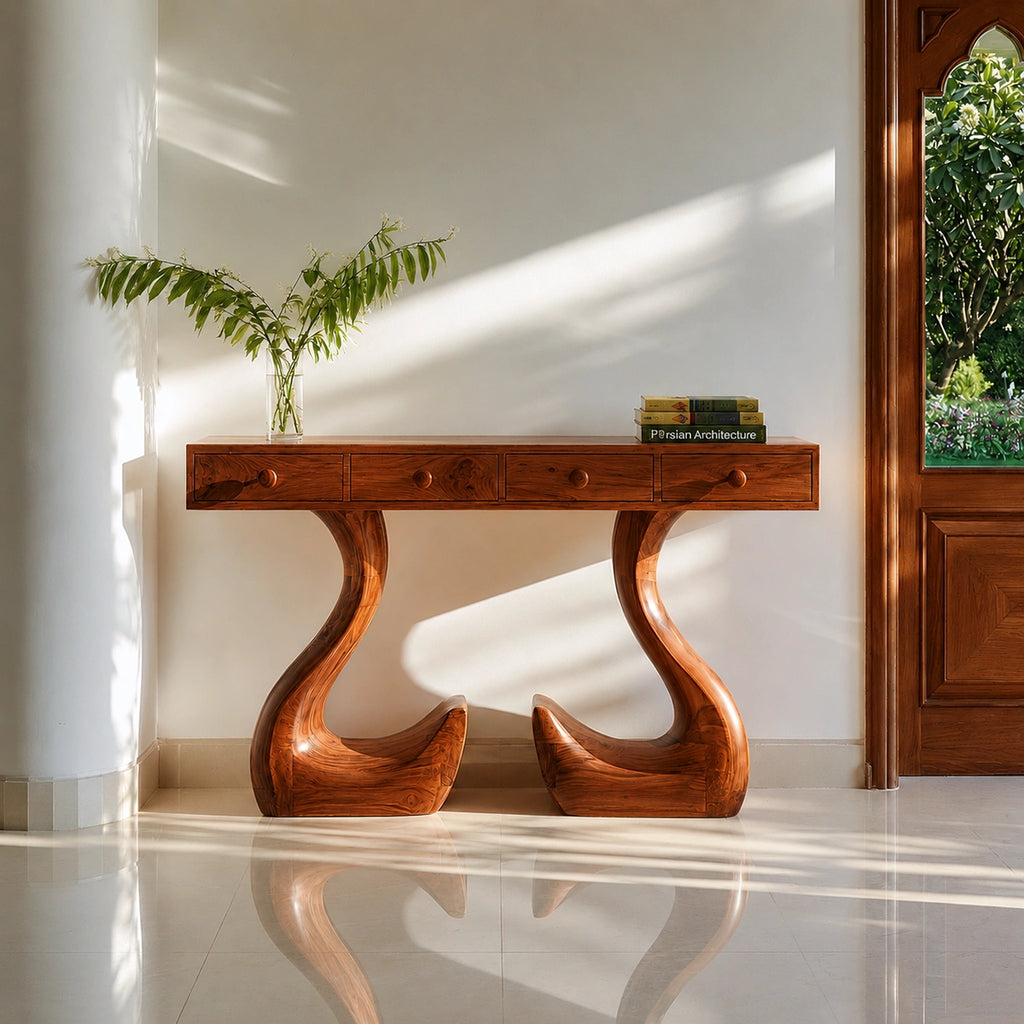 Solid Wood Console Table with Drawers and Sculptural Legs
