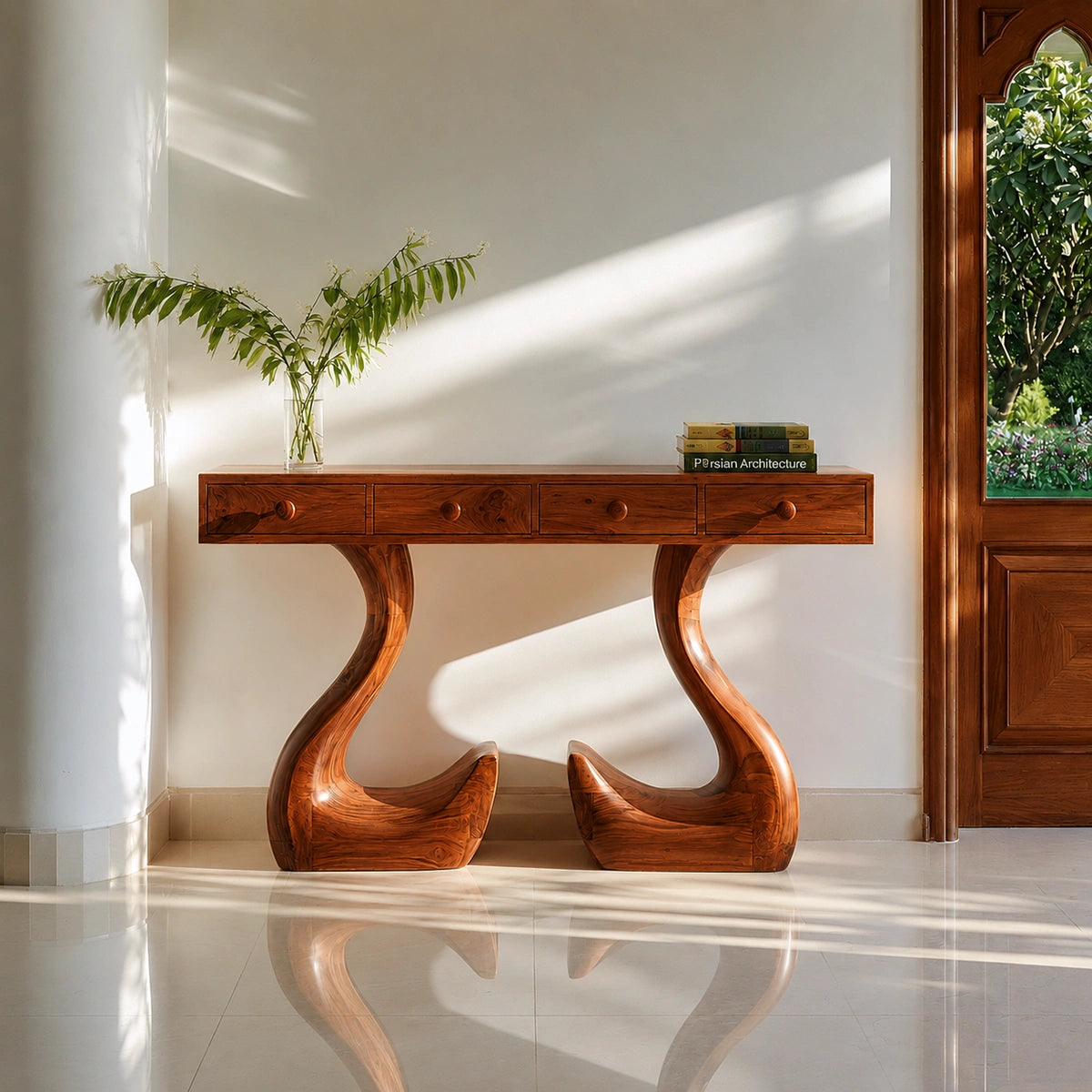 Solid Wood Console Table with Drawers and Sculptural Legs