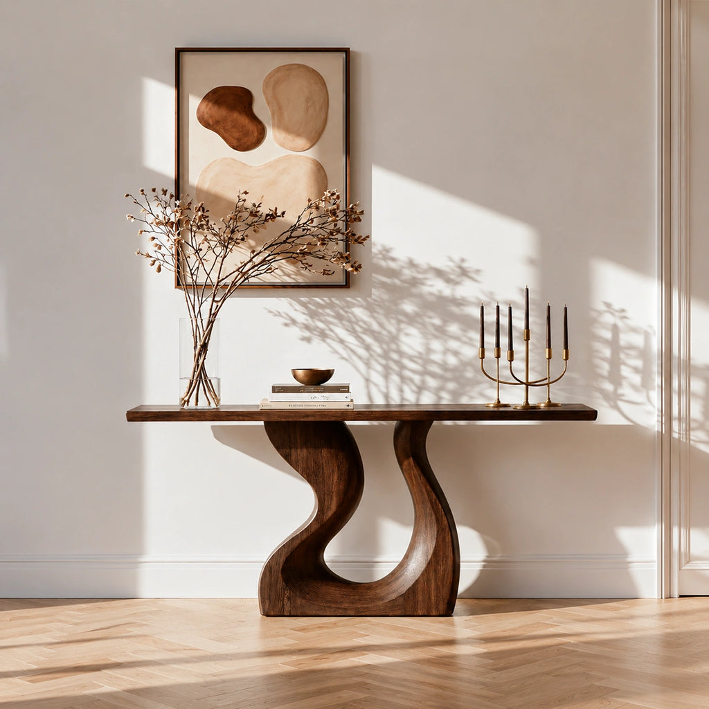 Sculptural Solid Wood Console Table with Curved Base