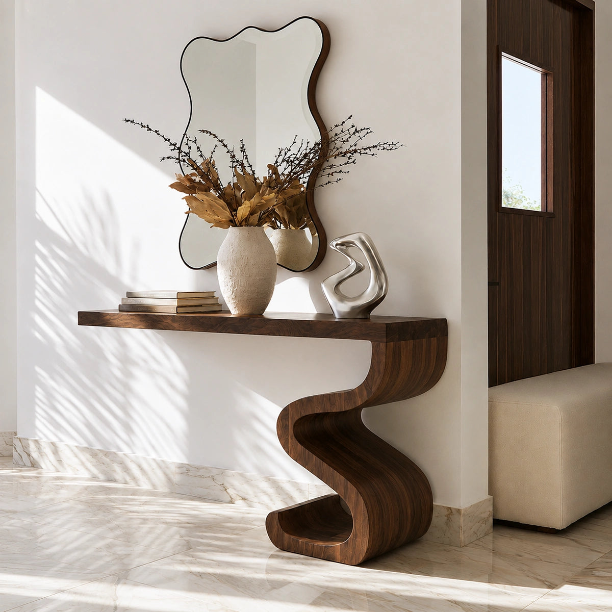 Sculptural Solid Wood Console Table with Curved Base