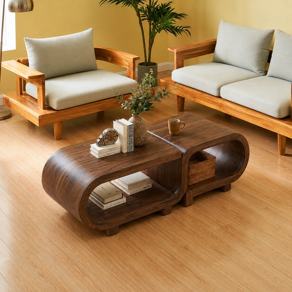 Modern Solid Walnut Nesting Coffee Table Set | Curved Wood Coffee Tables with Open Storage