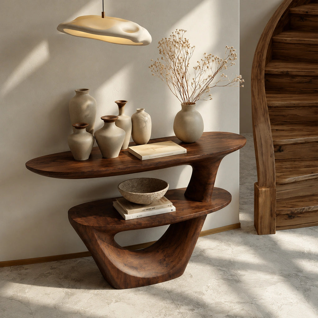 Sculptural Solid Wood Console Table with Open Shelf