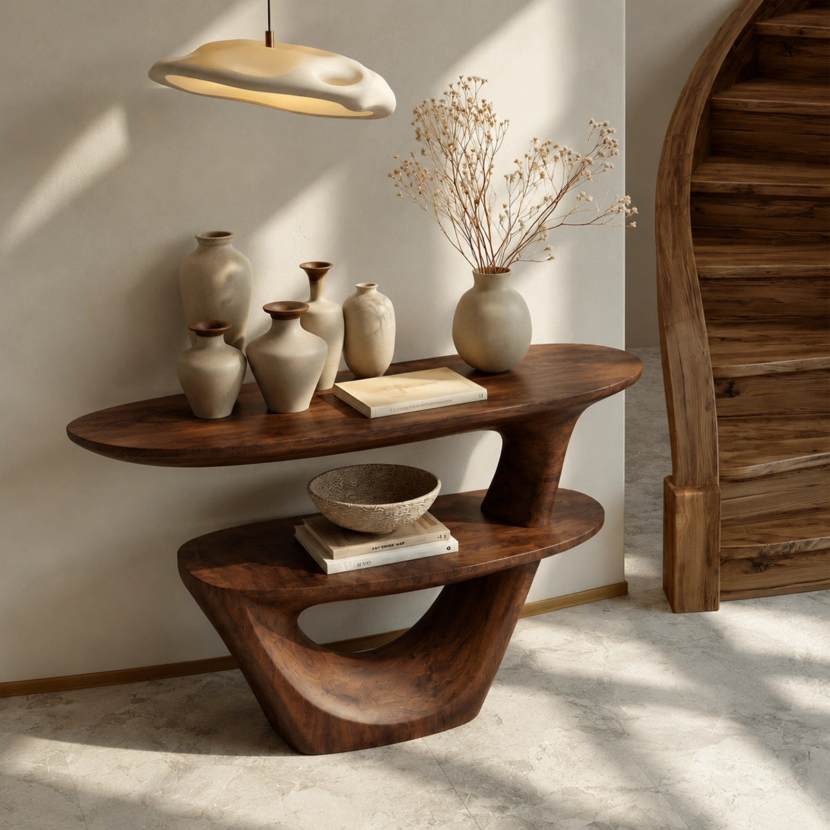 Sculptural Solid Wood Console Table with Open Shelf