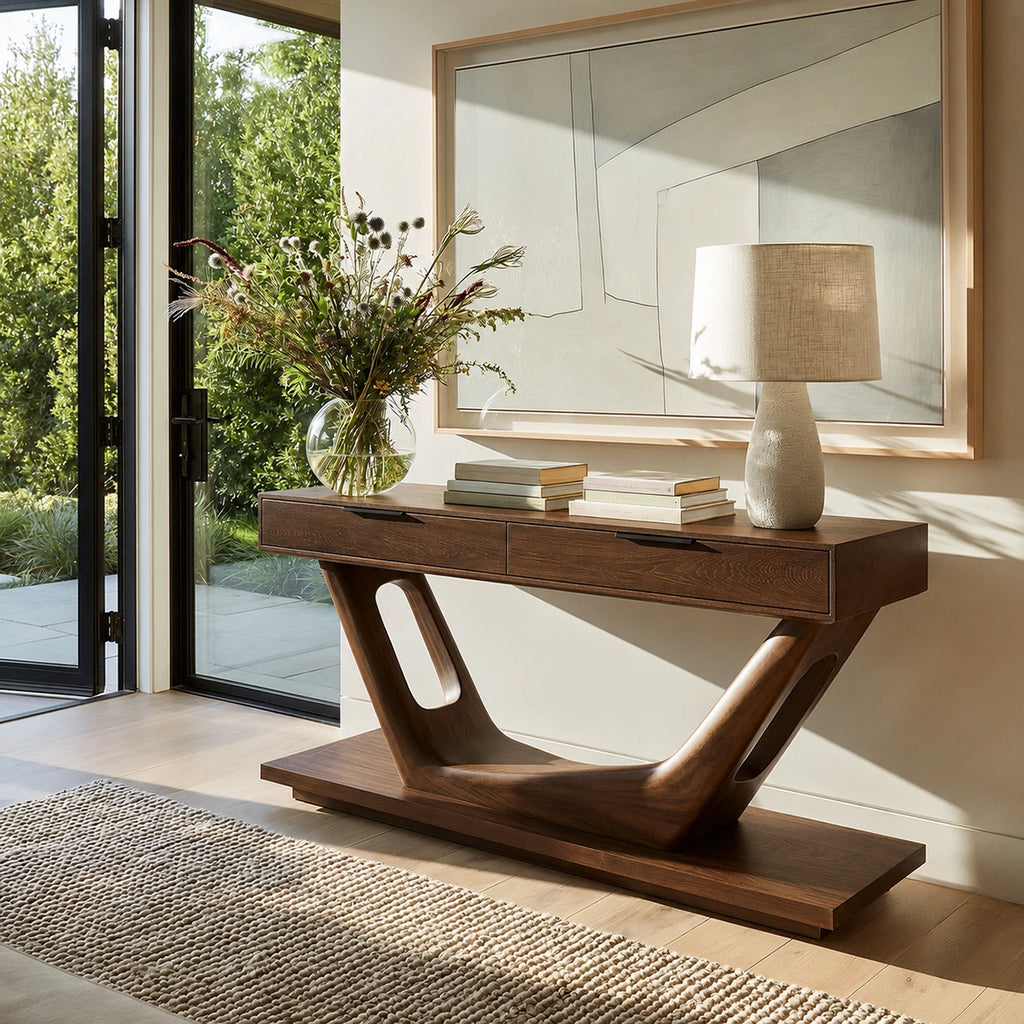 Modern Solid Walnut Console Table with Drawers | Sculptural Entryway Sofa Table