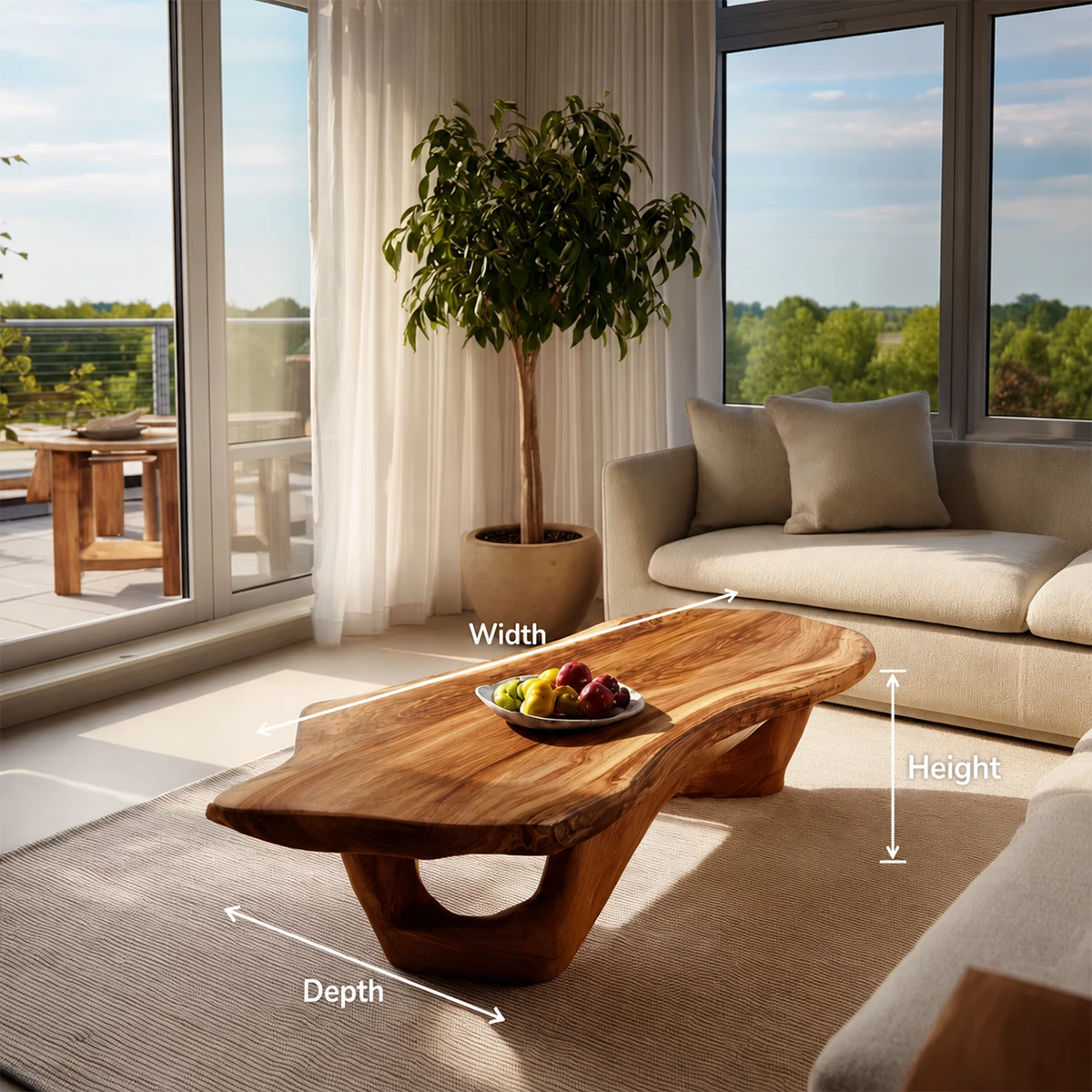 Organic Solid Wood Coffee Table With Live Edge Top And Sculptural Open Base For Modern Living Room