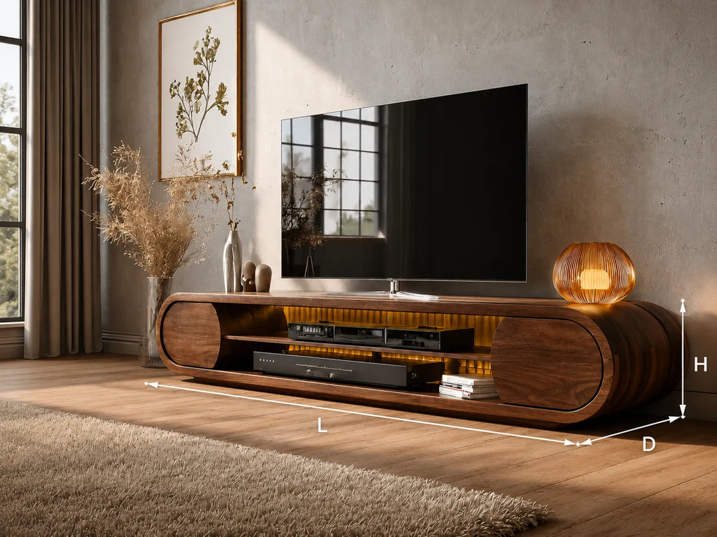 Rounded Modern TV Stand with Open Media Storage and Ambient Lighting