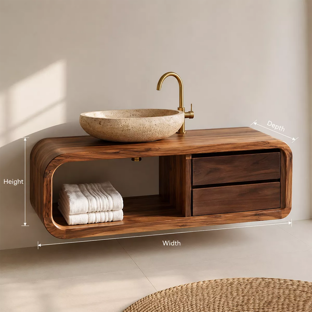 Solid Wood Bathroom Vanity With Rounded Open Shelf And Drawer Storage For Modern Bathroom