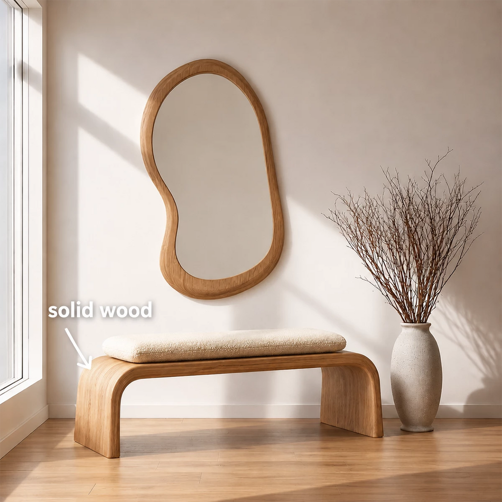 Upholstered Curved Wood Bench – Modern Entryway Bench with Natural Wood Frame
