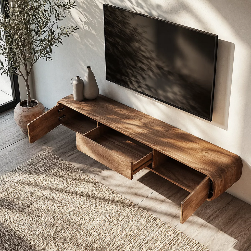 Floating Solid Wood TV Stand With Rounded Edges And Hidden Drawer Storage For Living Room