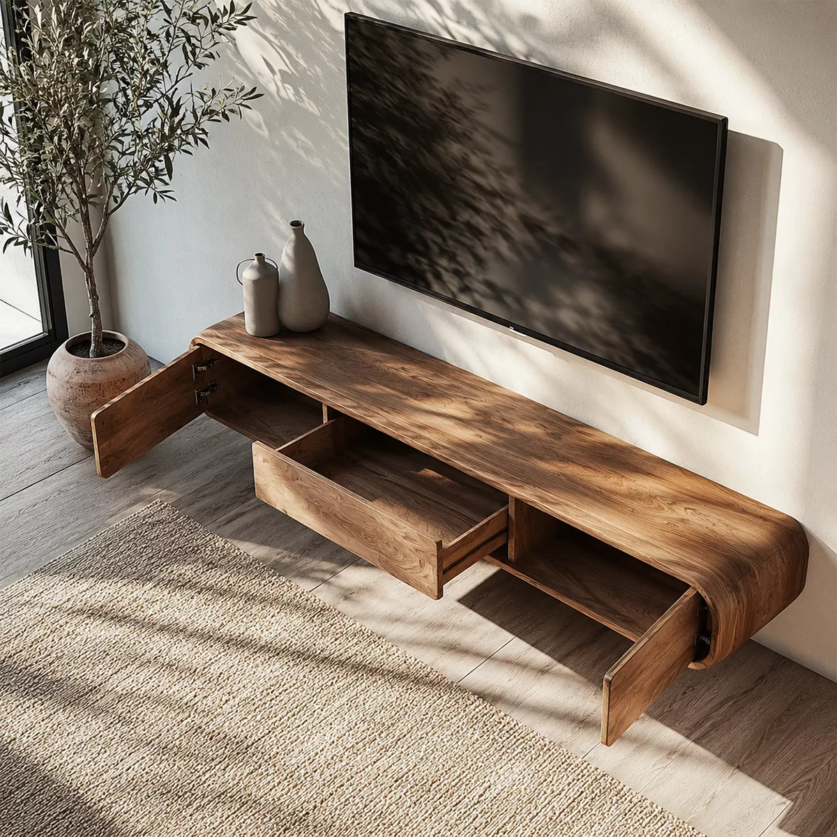 Floating Solid Wood TV Stand With Rounded Edges And Hidden Drawer Storage For Living Room