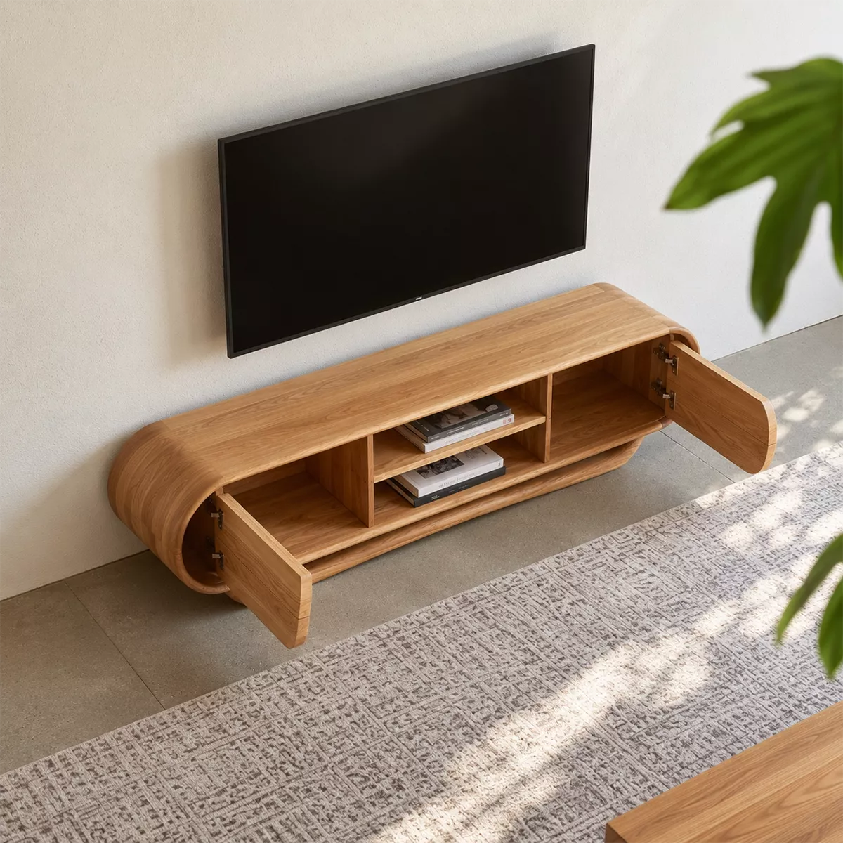 Rounded Oak Wood TV Stand With Center Open Shelf And Side Drawer Storage For Living Room