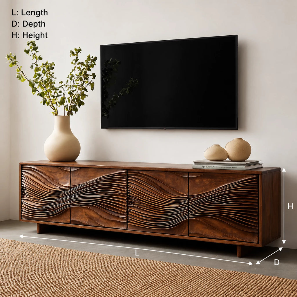 Carved Wave Natural Solid Wood TV Stand with Four Door Storage