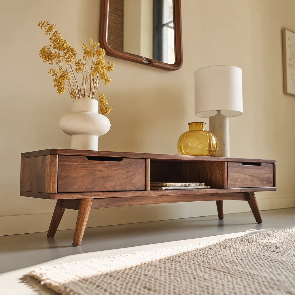 Mid Century Natural Solid Wood TV Stand with Open Shelf Storage