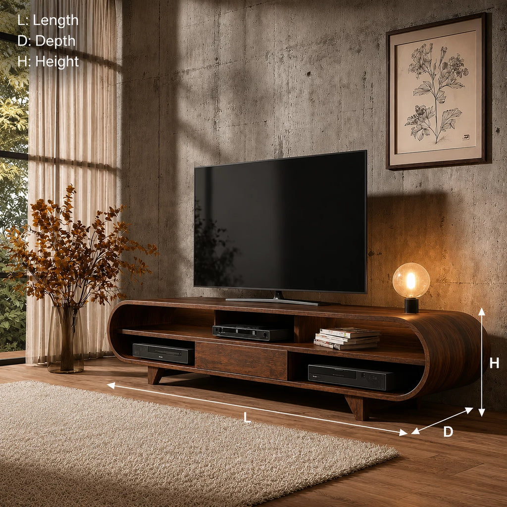 Rounded Edge Natural Solid Wood TV Stand with Open Media Storage