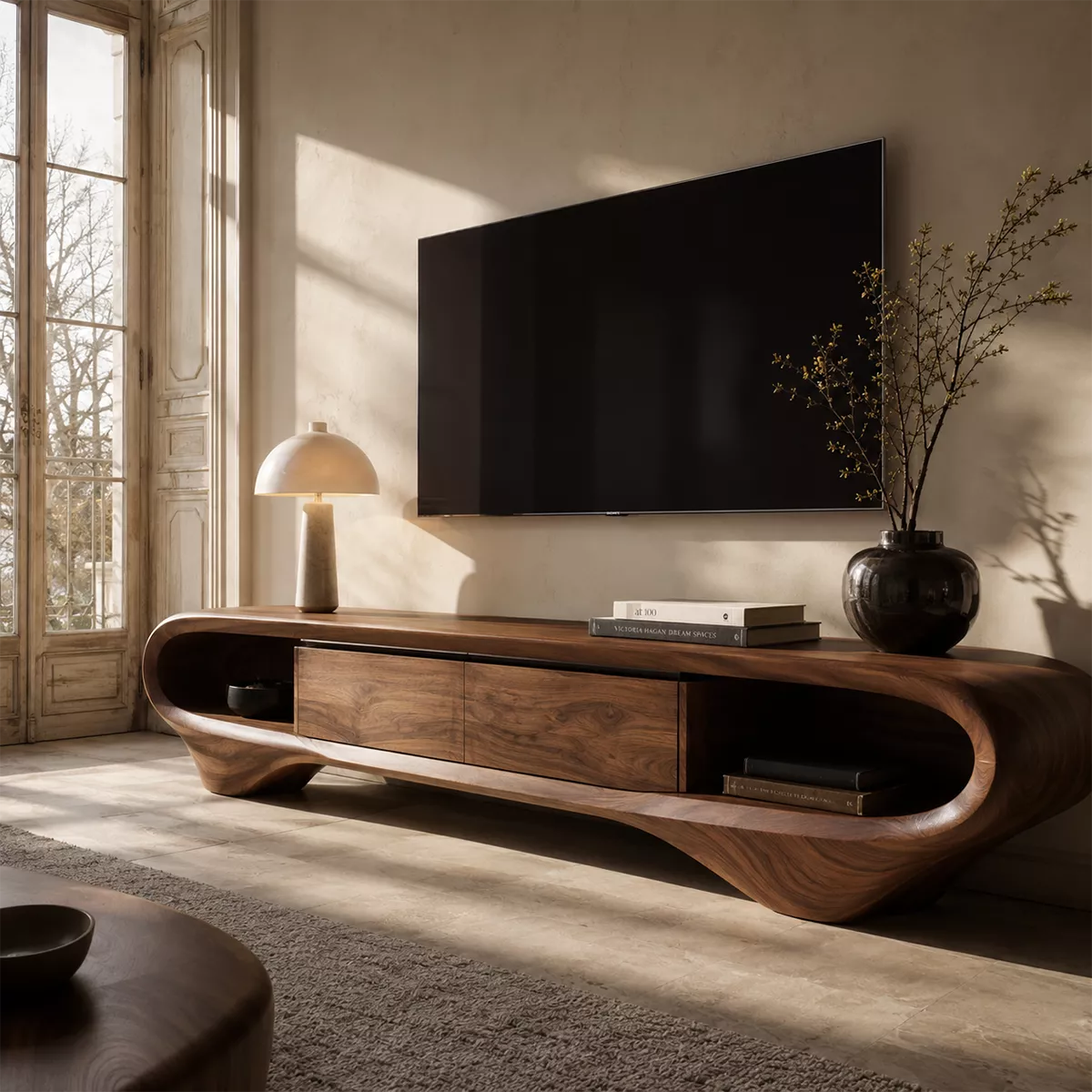 Sculptural Solid Wood TV Stand With Curved Loop Frame, Open Side Shelves And Hidden Drawer Storage For Living Room