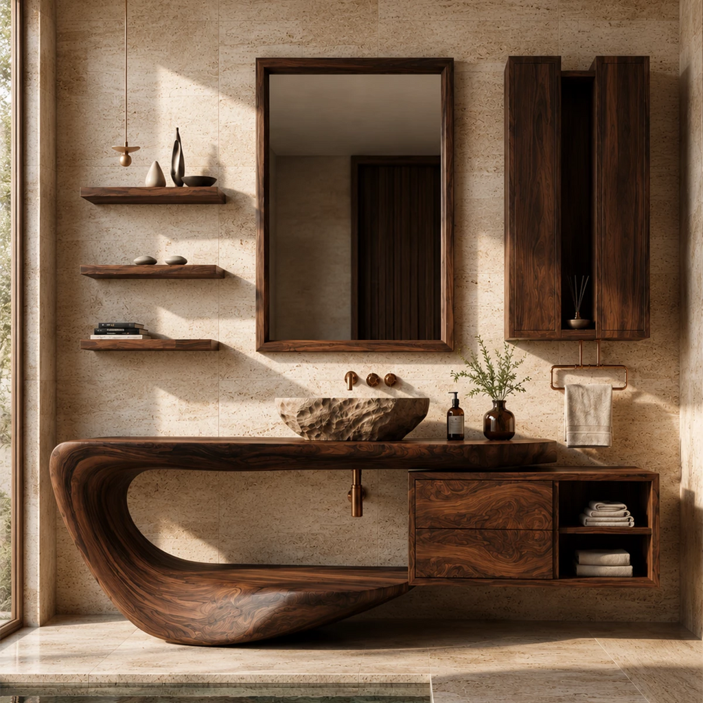 Organic Floating Bathroom Vanity With Sculptural Curved Wood Base & Wall Storage