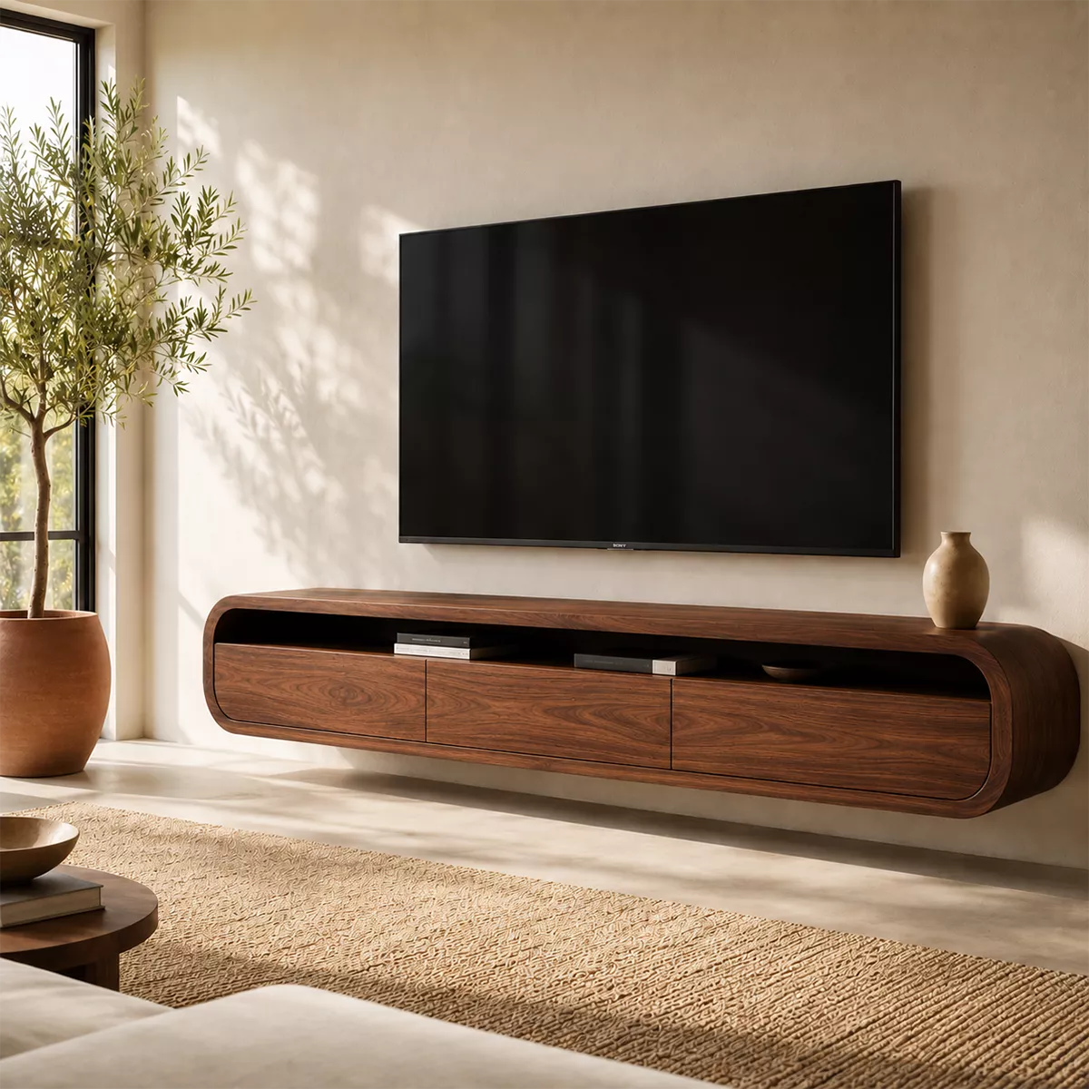 Floating Rounded Solid Wood TV Stand With Open Media Shelf And Hidden Drawer Storage For Living Room
