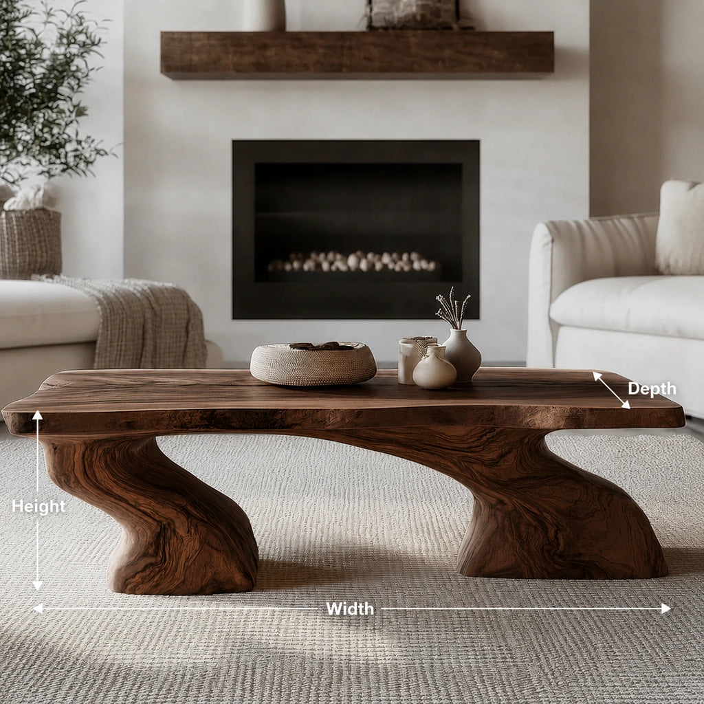 Natural Solid Wood Coffee Table with Sculptural Curved Base
