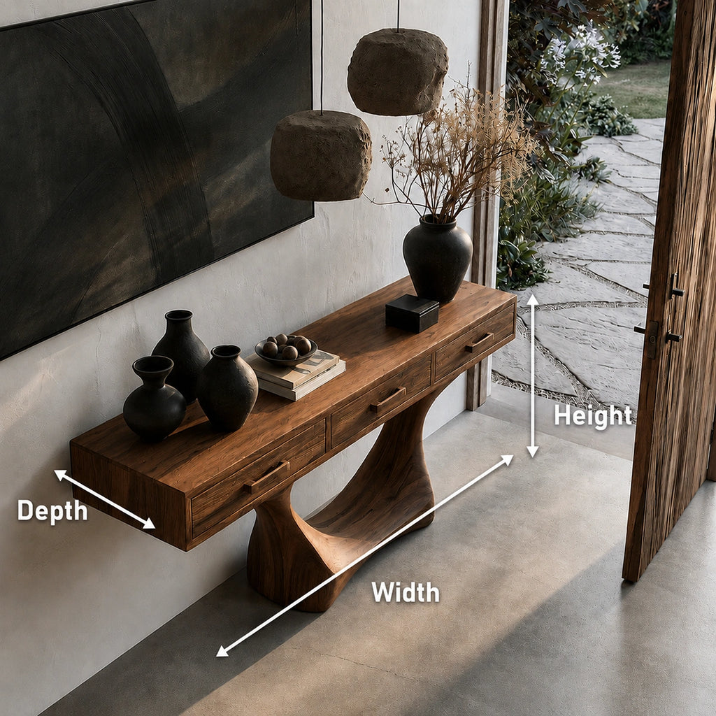 Natural Solid Wood Console Table with Three Drawers and Sculptural Pedestal Base