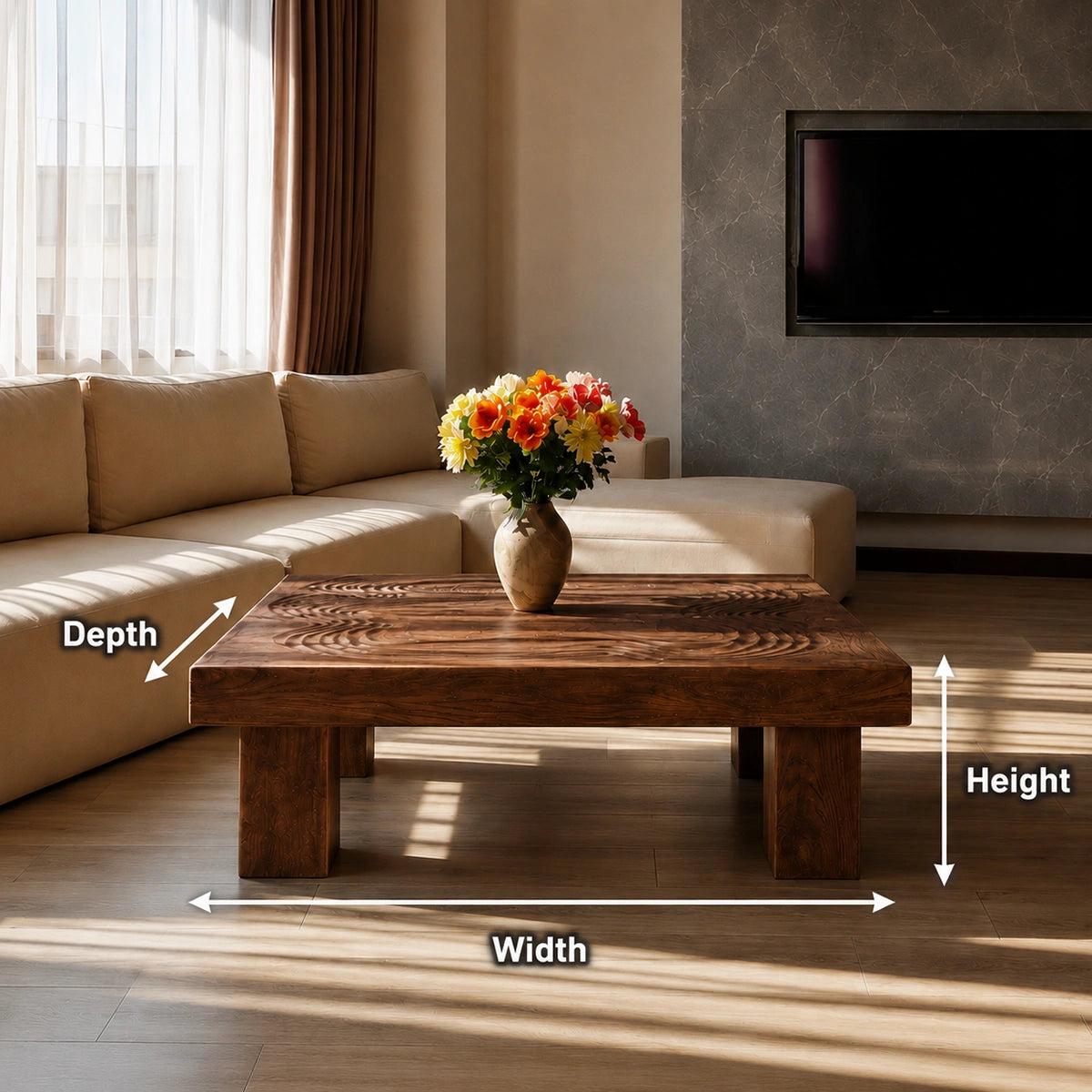 Handcrafted Solid Walnut Square Coffee Table | Sculpted Wood Grain Modern Living Room Table