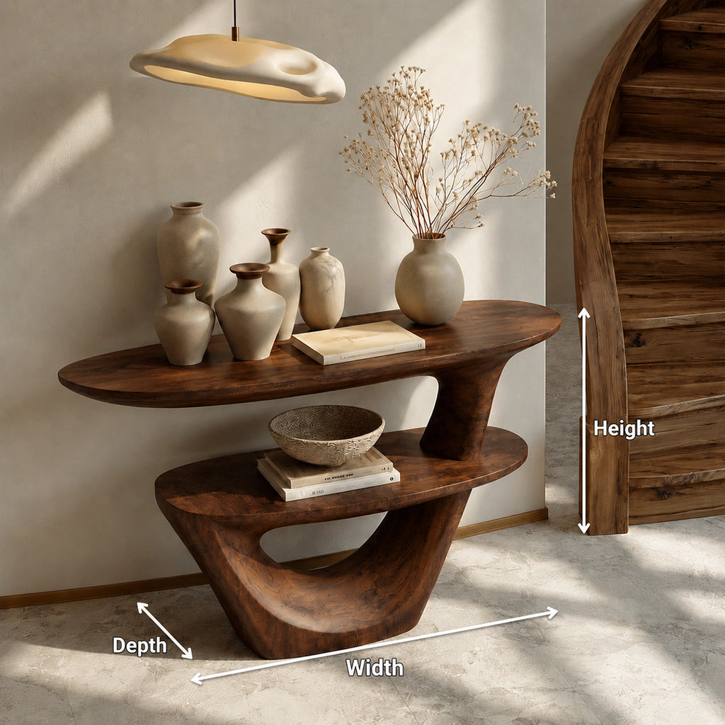 Sculptural Solid Wood Console Table with Open Shelf