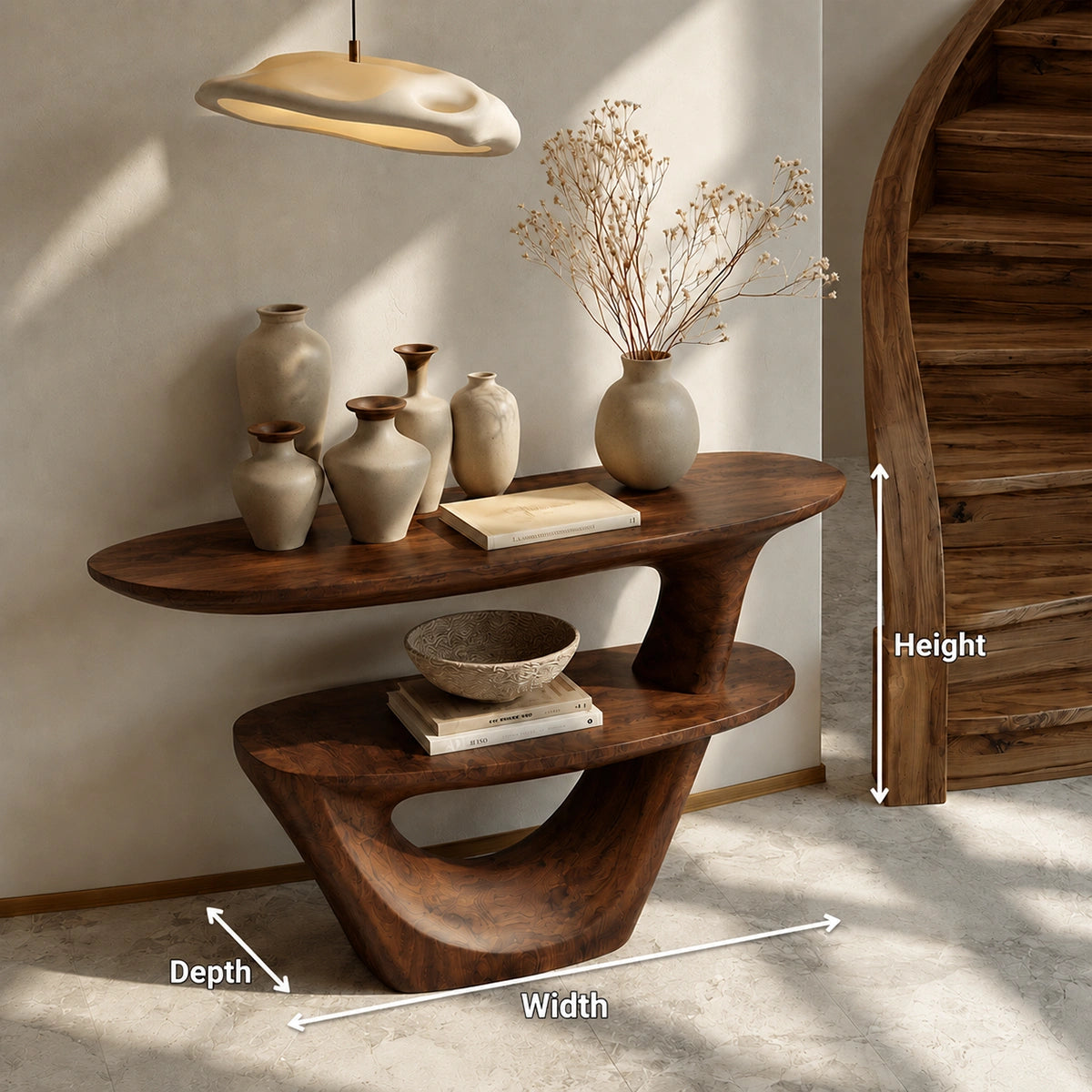 Sculptural Solid Wood Console Table with Open Shelf