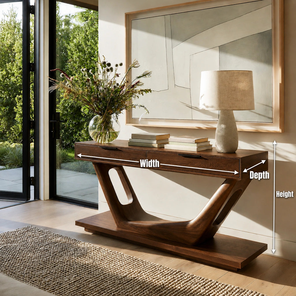 Modern Solid Walnut Console Table with Drawers | Sculptural Entryway Sofa Table