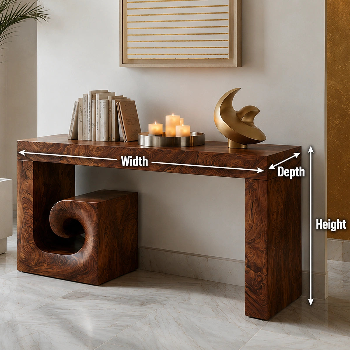 Solid Wood Console Table with Sculptural Stool | Modern Entryway & Hallway Table