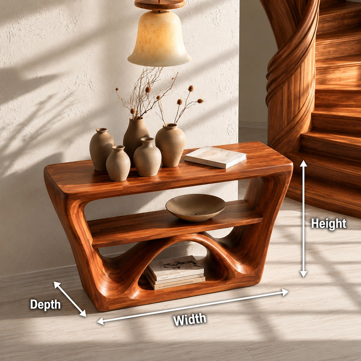 Sculptural Solid Wood Console Table with Open Shelf