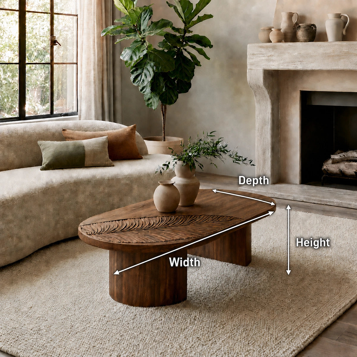 Handcrafted Solid Walnut Oval Coffee Table | Leaf Carved Modern Coffee Table for Living Room