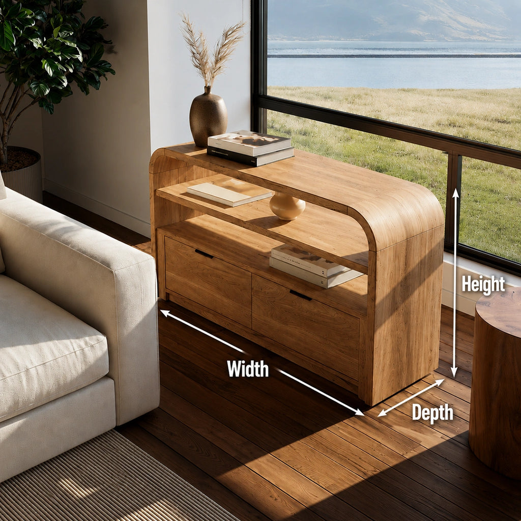 Solid Wood Sideboard Cabinet with Drawers and Open Shelves
