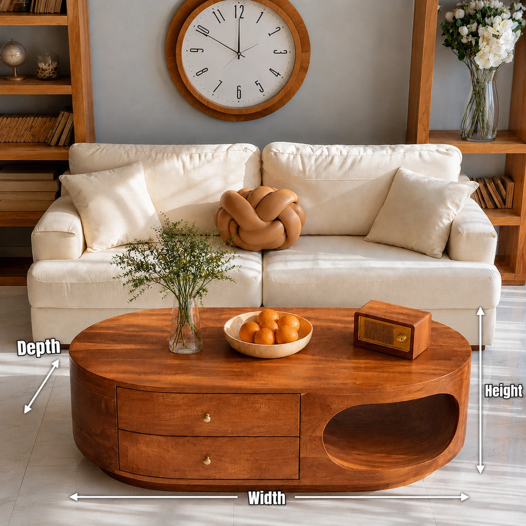 Natural Solid Wood Coffee Table with Drawers – Rounded Modern Style