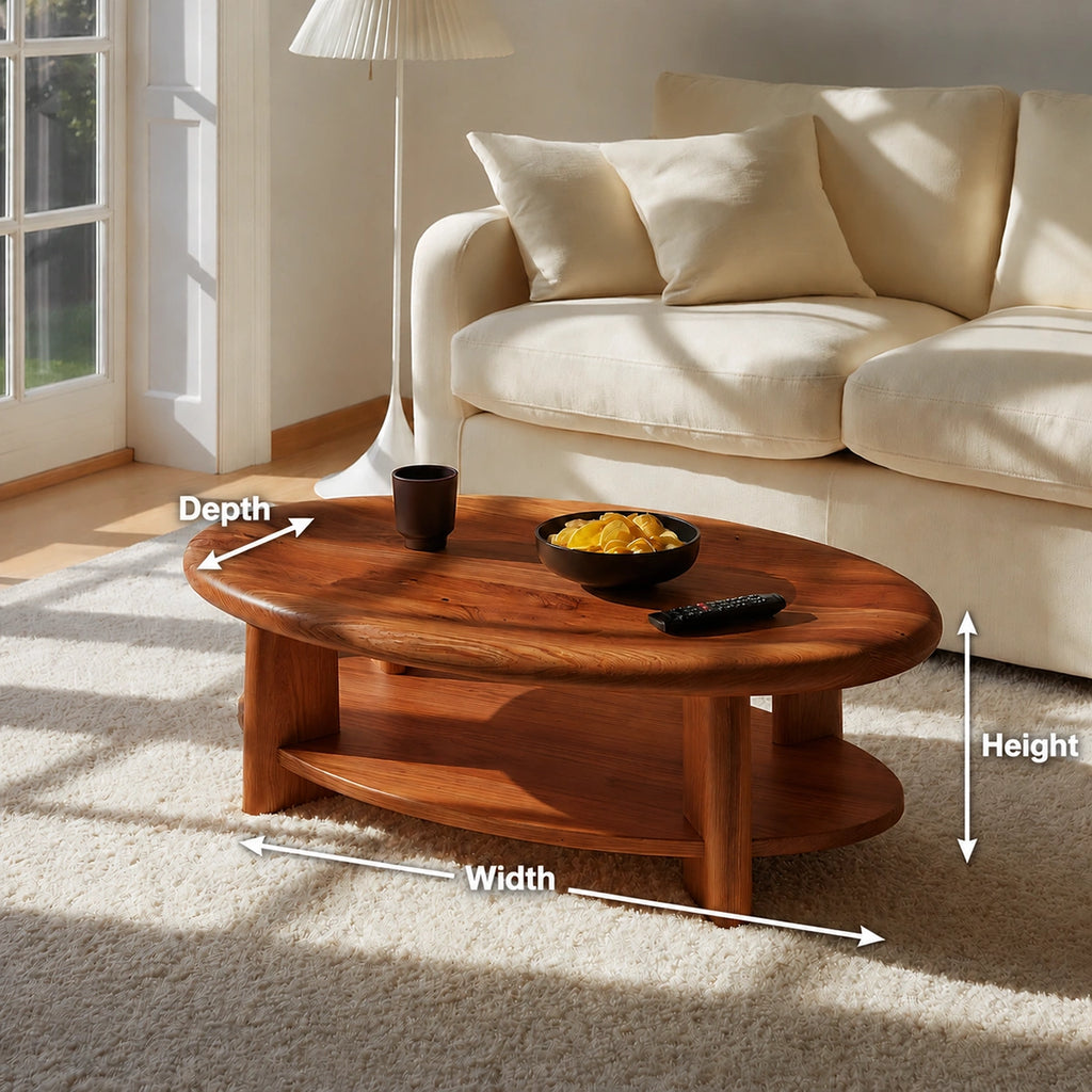 Modern Solid Walnut Round Coffee Table with Open Storage Shelf | Minimalist Living Room Table