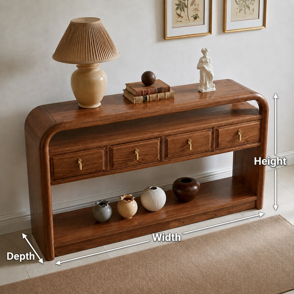 Solid Wood Console Table with Drawers and Open Shelf