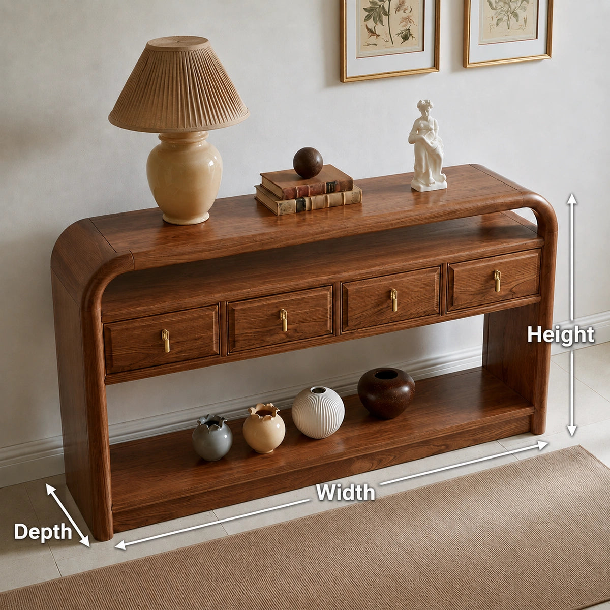 Solid Wood Console Table with Drawers and Open Shelf