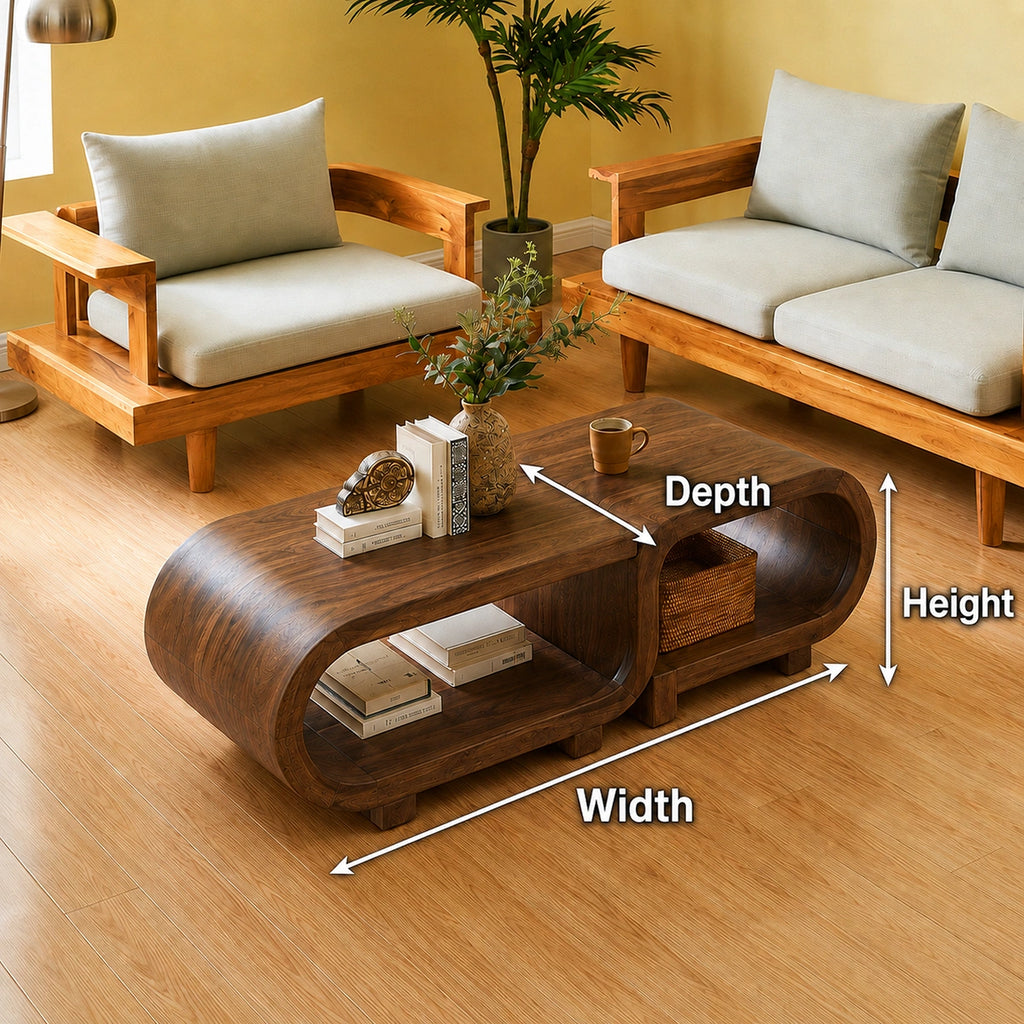 Modern Solid Walnut Nesting Coffee Table Set | Curved Wood Coffee Tables with Open Storage