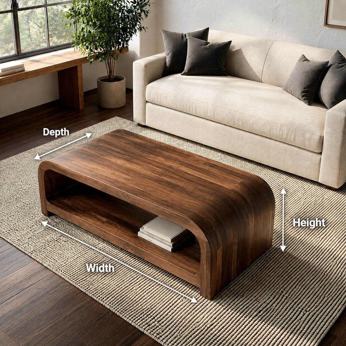 Modern Solid Walnut Waterfall Coffee Table with Open Storage | Minimalist Living Room Table